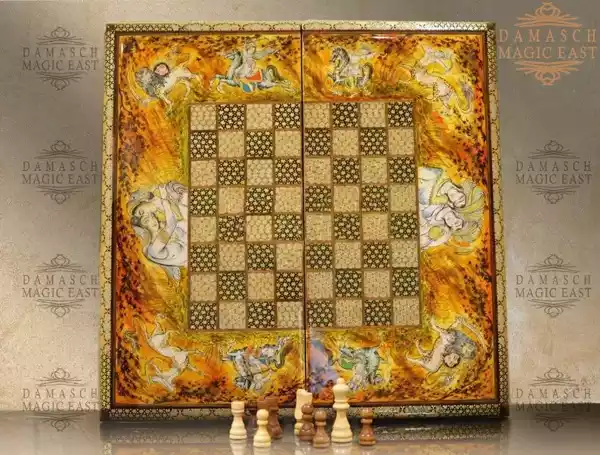 20" Chess set - pieces included - HAND PAINTED - inlay with copper - wooden chess board, Handmade - Christmas gift