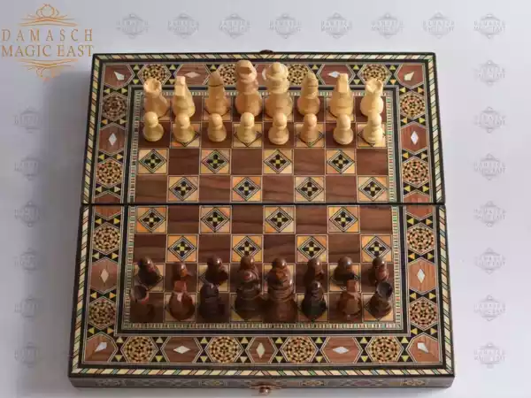 3edit-3 Wooden Backgammon & Chess set 30cm- Folding chess Board, Mosaic handmade, family Christmas gift