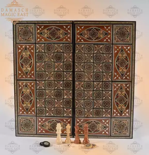 4edit-13 Foldable Chess board & backgammon board Super HQ Inlay with Mother of Pearls Mosaic Wood Handcraft