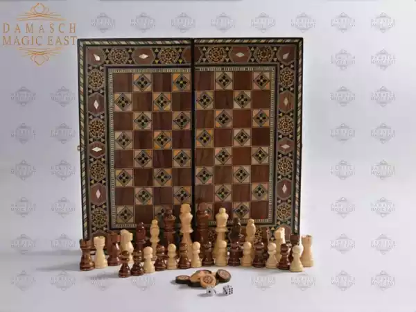 4edit-3 Wooden Backgammon & Chess set 30cm- Folding chess Board, Mosaic handmade, family Christmas gift