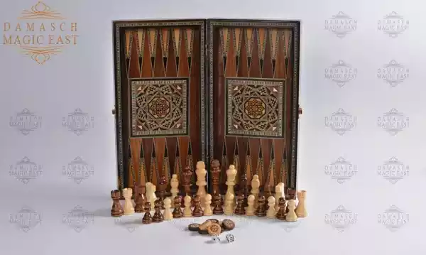 5edit-3 Wooden Backgammon & Chess set 30cm- Folding chess Board, Mosaic handmade, family Christmas gift