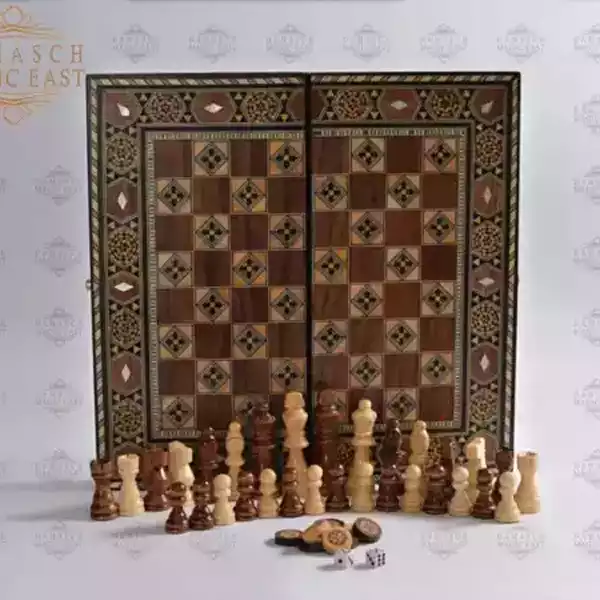 p (2) Wooden Backgammon & Chess set 30cm- Folding chess Board, Mosaic handmade, family Christmas gift