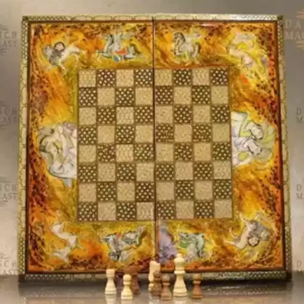 20" Chess set - pieces included - HAND PAINTED - inlay with copper - wooden chess board, Handmade - Christmas gift