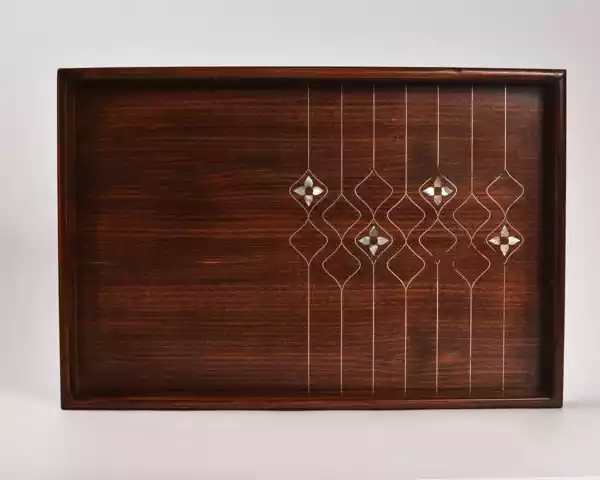 Handmade wooden tray rectangle shaped made from beech wood inlay with mother of pearl pieces