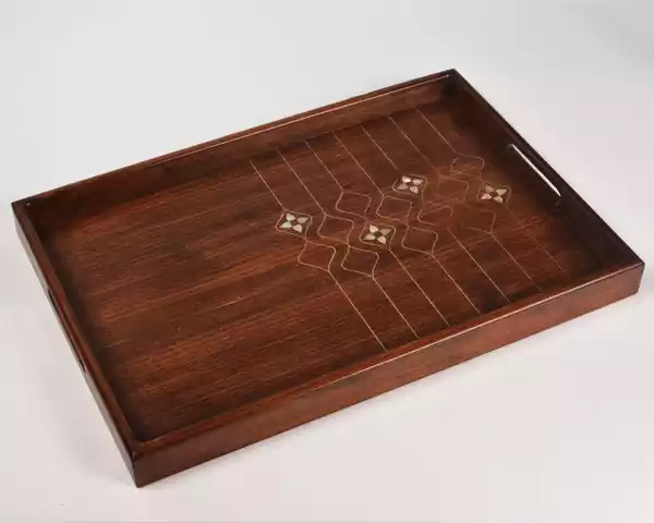 Handmade wooden tray rectangle shaped made from beech wood inlay with mother of pearl pieces