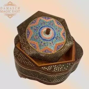 A distinctive and luxurious desk set, handcrafted from lemon wood and inlaid with copper