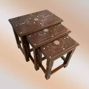Set of 4 tables with a stand inlaid with natural mother-of-pearl and hand-carved