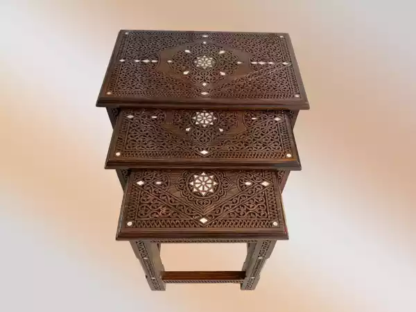 4dd234 Handmade Coffee Table, Set of 3 Table, Mother of Pearl Inlaid Wood Side Table, Wooden Moroccan Furniture, Home Decor