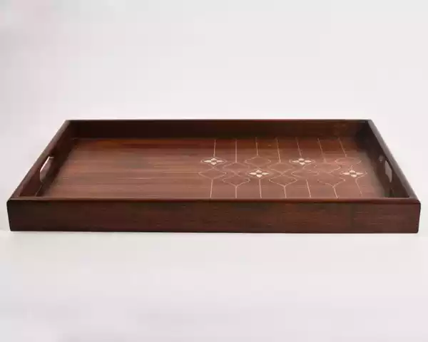 Handmade wooden tray rectangle shaped made from beech wood inlay with mother of pearl pieces