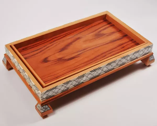51-jpg Large handcrafted wooden tray, carefully crafted and decorated with intricate mother-of-pearl inlays for an open buffet.
