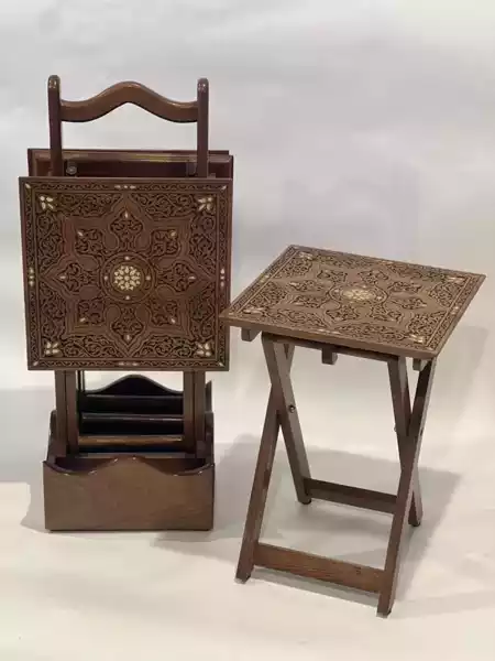 Set of 4 tables with a stand inlaid with natural mother-of-pearl and hand-carved