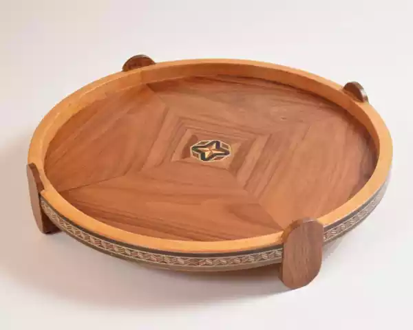 Handmade Wooden Tray, Round Carved Tray Inlaid with pearl, Geometric Marquetry Tray, Mosaic Tray, Decorative Serving Tray