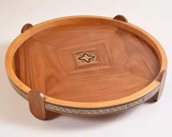 Handmade Wooden Tray, Round Carved Tray Inlaid with pearl, Geometric Marquetry Tray, Mosaic Tray, Decorative Serving Tray
