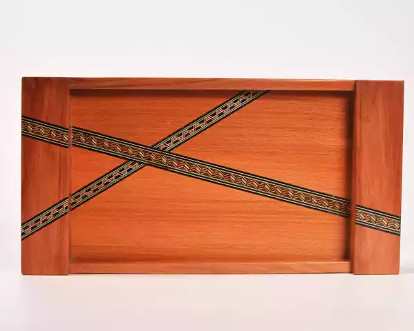 A set of three handmade trays inlaid with Damascene mosaics