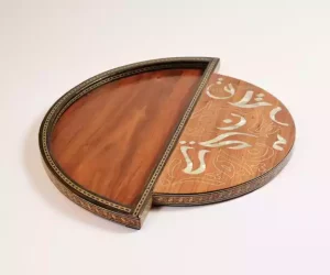 special Handmade wooden round tray shaped made from beech wood inlay with mother of pearl pieces and mosaic at the form of the amazing arabic calligraphy
