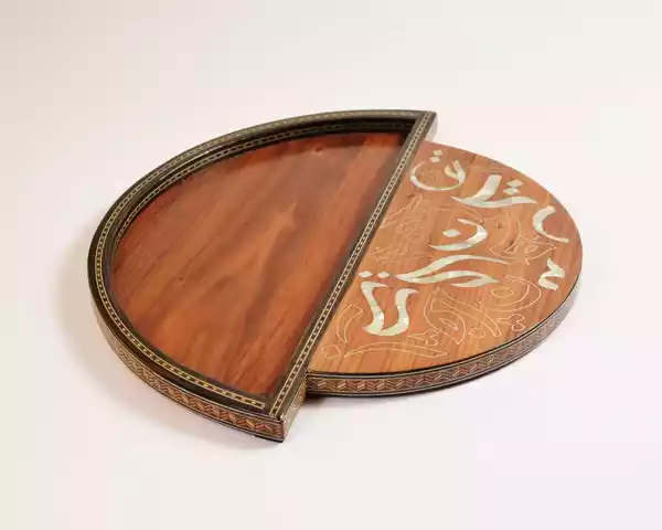 special Handmade wooden round tray shaped made from beech wood inlay with mother of pearl pieces and mosaic at the form of the amazing arabic calligraphy