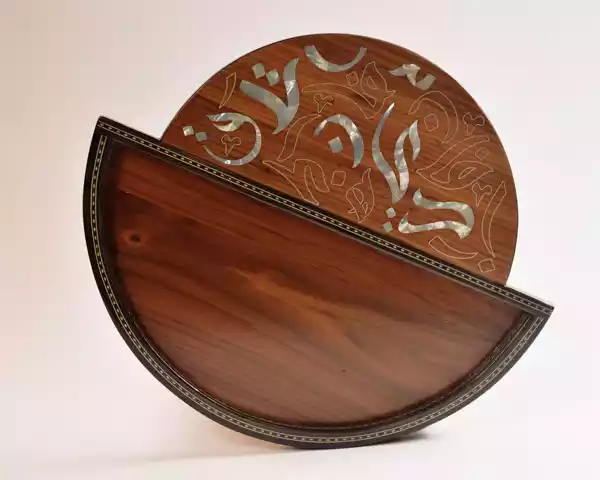 special Handmade wooden round tray shaped made from beech wood inlay with mother of pearl pieces and mosaic at the form of the amazing arabic calligraphy