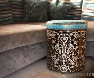 Side Table - round table - bench - mother of pearl - round bench - handmade -hand crafted table - entry way furniture - brocade top