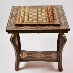 A distinctive and luxurious desk set, handcrafted from lemon wood and inlaid with copper