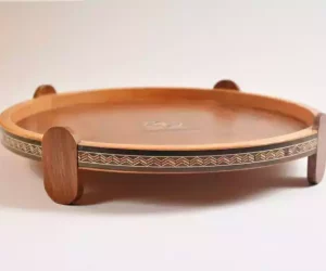 Handmade Wooden Tray, Round Carved Tray Inlaid with pearl, Geometric Marquetry Tray, Mosaic Tray, Decorative Serving Tray