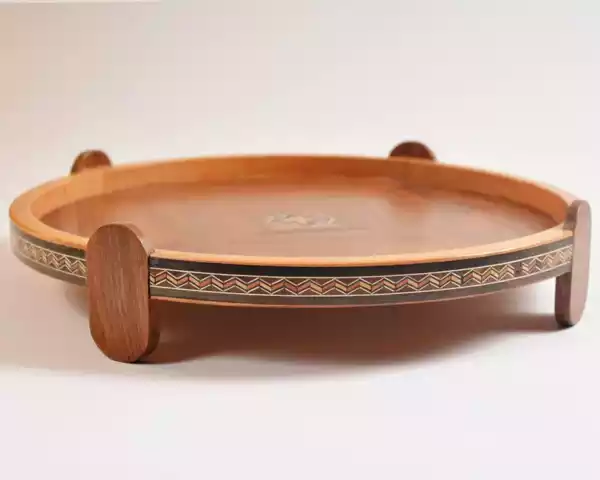Handmade Wooden Tray, Round Carved Tray Inlaid with pearl, Geometric Marquetry Tray, Mosaic Tray, Decorative Serving Tray