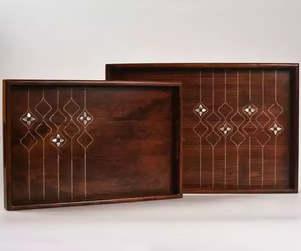 Handmade wooden tray rectangle shaped made from beech wood inlay with mother of pearl pieces