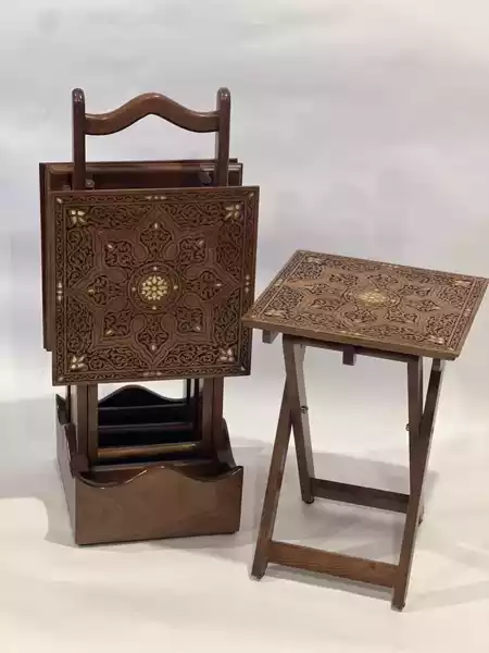 Set of 4 tables with a stand inlaid with natural mother-of-pearl and hand-carved