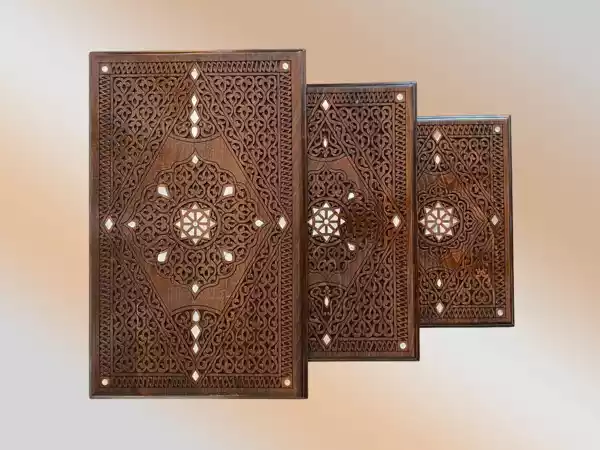 sdfsf Handmade Coffee Table, Set of 3 Table, Mother of Pearl Inlaid Wood Side Table, Wooden Moroccan Furniture, Home Decor