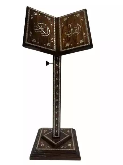 exquisite handmade wooden Quran stand, adorned with intricate  mother of pearl inlays , Great gift