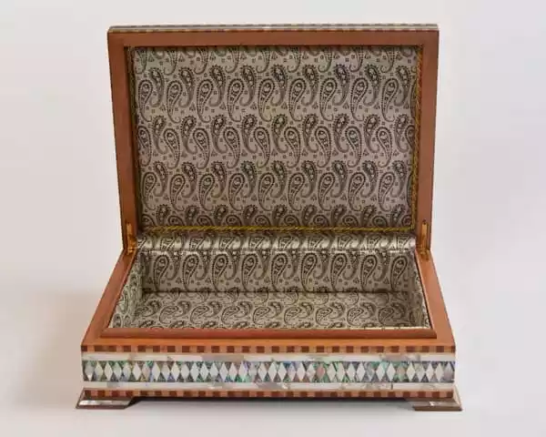 luxury  handmade wooden box, meticulously crafted and fully inlaid with stunning mother of pearls in a mesmerizing