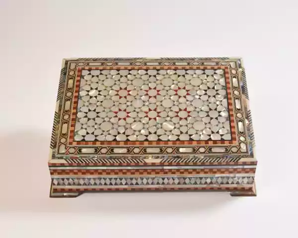 luxury  handmade wooden box, meticulously crafted and fully inlaid with stunning mother of pearls in a mesmerizing