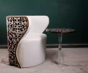 Diamond set of chairs with a hand-carved table inlaid with natural mother-of-pearl