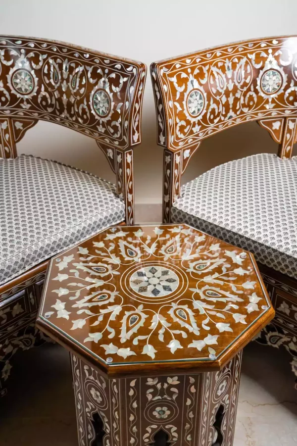 IMG-20240428-WA0014 Damascus corner set with two chairs, a table and mirror inlaid with mother-of-pearl