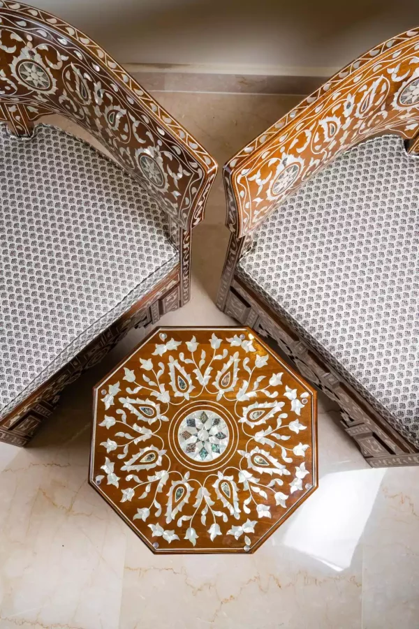 IMG-20240428-WA0016 Damascus corner set with two chairs, a table and mirror inlaid with mother-of-pearl