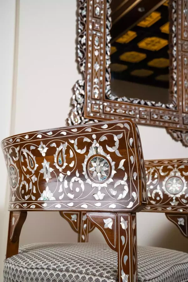 IMG-20240428-WA0018 Damascus corner set with two chairs, a table and mirror inlaid with mother-of-pearl