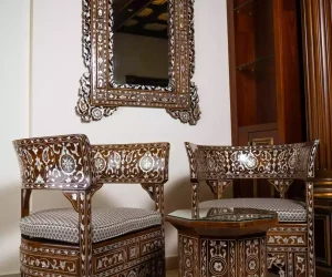Damascus corner set with two chairs, a table and mirror inlaid with mother-of-pearl
