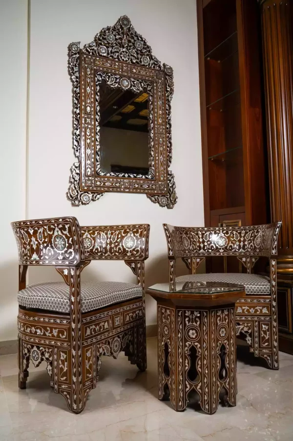 IMG-20240428-WA0019 Damascus corner set with two chairs, a table and mirror inlaid with mother-of-pearl