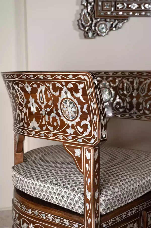 IMG-20240428-WA0023 Damascus corner set with two chairs, a table and mirror inlaid with mother-of-pearl