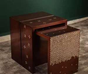 Modern Side Table Set of 2 | Walnut Wood with Mother of Pearl Inlay