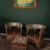 Handmade English Set of 2 Chairs with In-Between Table carved and inlaid with mother-of-pearl