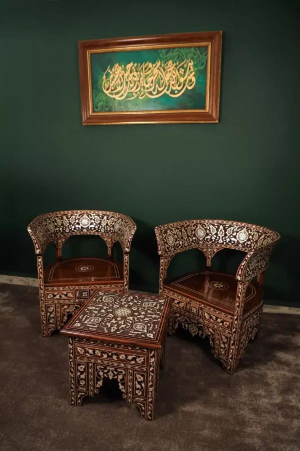 IMG-20240516-WA0089 Handmade English Set of 2 Chairs with In-Between Table carved and inlaid with mother-of-pearl