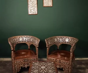 Handmade English Set of 2 Chairs with In-Between Table carved and inlaid with mother-of-pearl