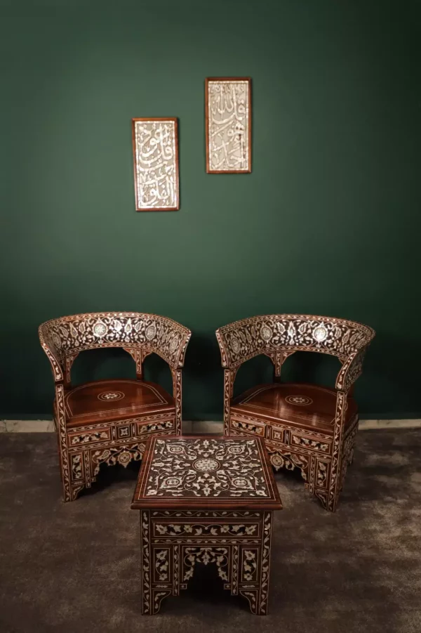 IMG-20240516-WA0090 Handmade English Set of 2 Chairs with In-Between Table carved and inlaid with mother-of-pearl