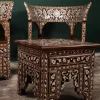 Handmade English Set of 2 Chairs with In-Between Table carved and inlaid with mother-of-pearl