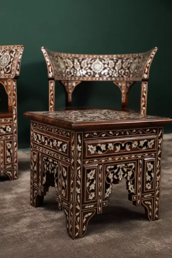 IMG-20240516-WA0091 Handmade English Set of 2 Chairs with In-Between Table carved and inlaid with mother-of-pearl