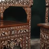 Handmade English Set of 2 Chairs with In-Between Table carved and inlaid with mother-of-pearl