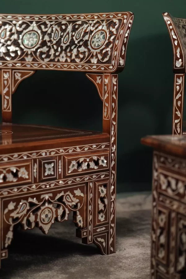IMG-20240516-WA0092 Handmade English Set of 2 Chairs with In-Between Table carved and inlaid with mother-of-pearl