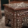Handmade English Set of 2 Chairs with In-Between Table carved and inlaid with mother-of-pearl