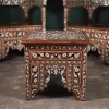 Handmade English Set of 2 Chairs with In-Between Table carved and inlaid with mother-of-pearl