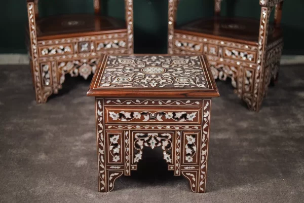 IMG-20240516-WA0097 Handmade English Set of 2 Chairs with In-Between Table carved and inlaid with mother-of-pearl